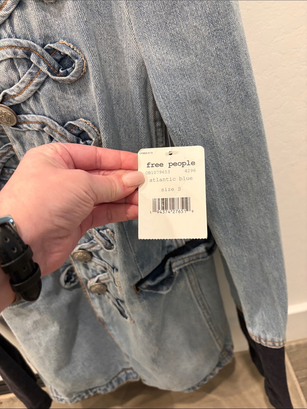 Free People Light Blue Denim Military-Style Jacket with Dark Trim - Picture 3 of 4